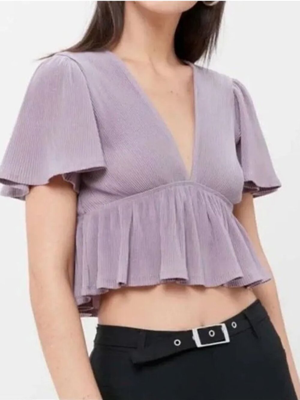 Urban Outfitters UO Rori Ribbed Plunging Babydoll Top Small Lavender Purple